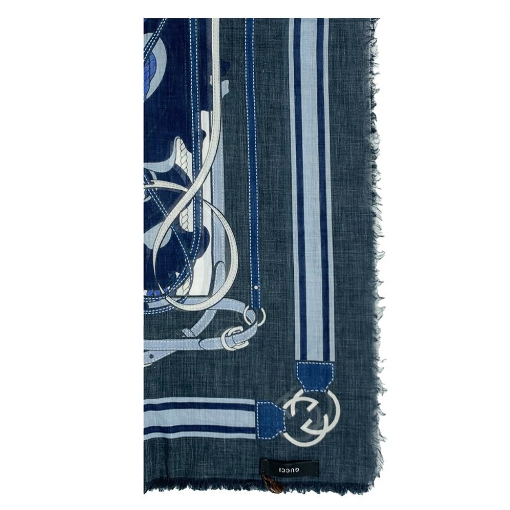 Gucci Unisex GG Belt Print Cotton Scarf Blue White